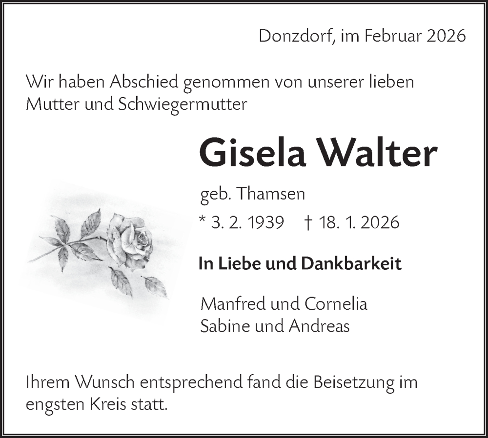  Traueranzeige für Gisela Walter vom 07.02.2026 aus NWZ Neue Württembergische Zeitung