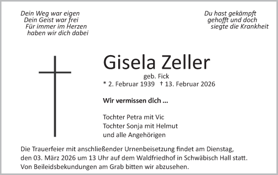 Traueranzeige von Gisela Zeller von Haller Tagblatt