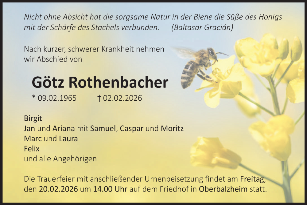  Traueranzeige für Götz Rothenbacher vom 13.02.2026 aus SÜDWEST PRESSE Ausgabe Ulm/Neu-Ulm/Ehingen