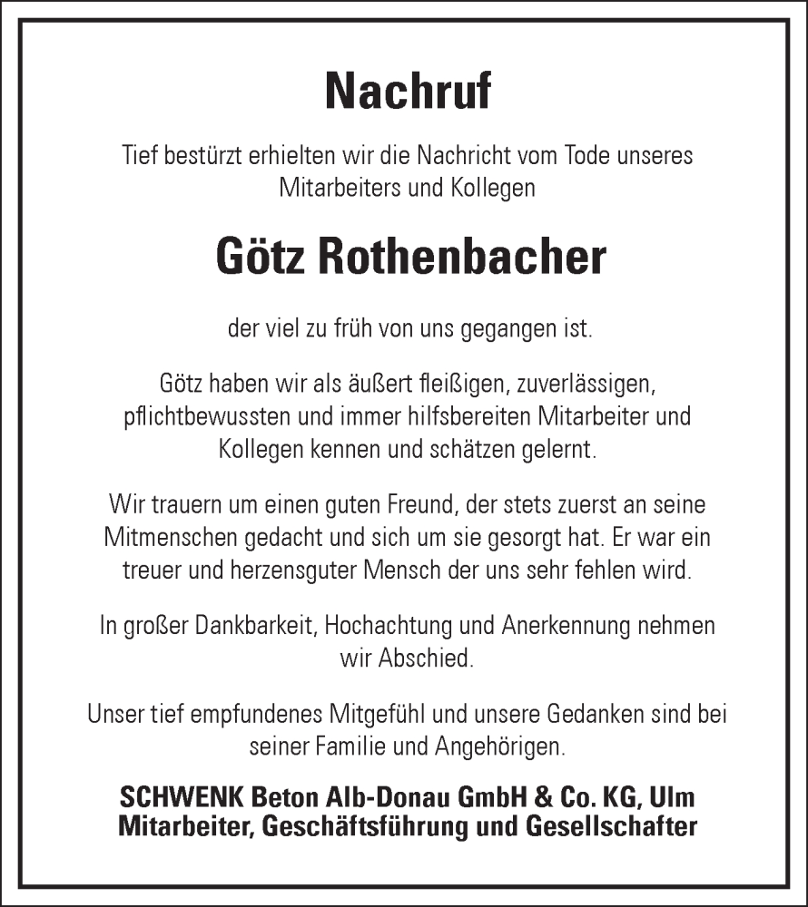  Traueranzeige für Götz Rothenbacher vom 13.02.2026 aus SÜDWEST PRESSE Ausgabe Ulm/Neu-Ulm/Ehingen