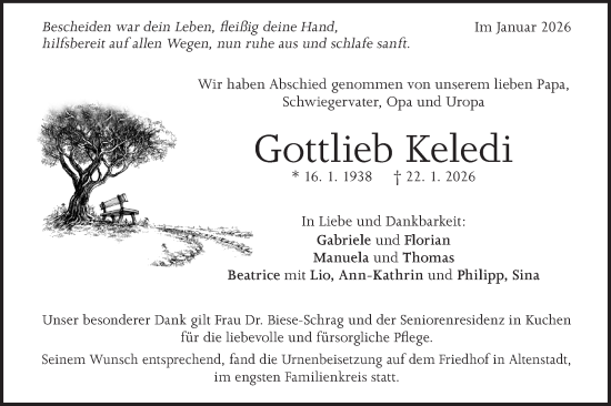 Traueranzeige von Gottlieb Keledi von Geislinger Zeitung