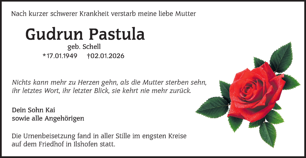  Traueranzeige für Gudrun Pastula vom 07.02.2026 aus Haller Tagblatt