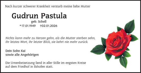 Traueranzeige von Gudrun Pastula von Haller Tagblatt