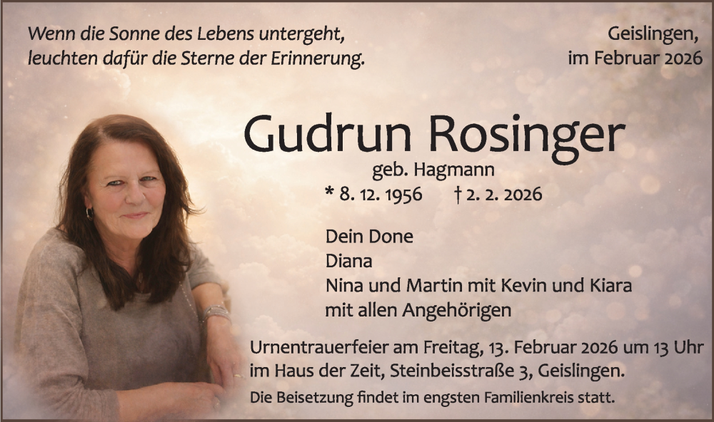  Traueranzeige für Gudrun Rosinger vom 07.02.2026 aus Geislinger Zeitung