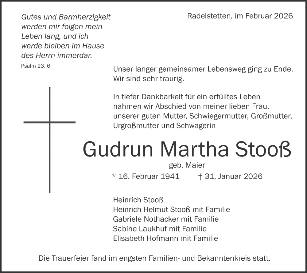  Traueranzeige für Gudrun Martha Stooß vom 11.02.2026 aus SÜDWEST PRESSE Ausgabe Ulm/Neu-Ulm/Ehingen