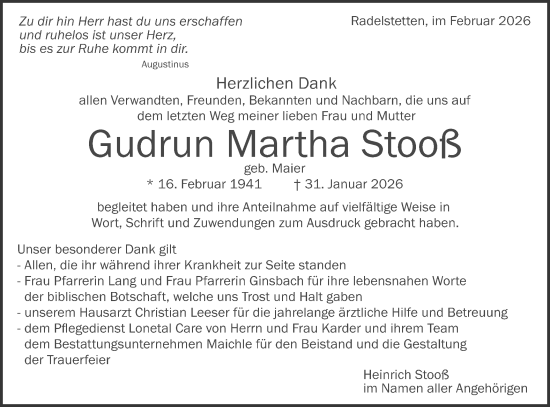 Traueranzeige von Gudrun Martha Stooß von SÜDWEST PRESSE Ausgabe Ulm/Neu-Ulm/Ehingen
