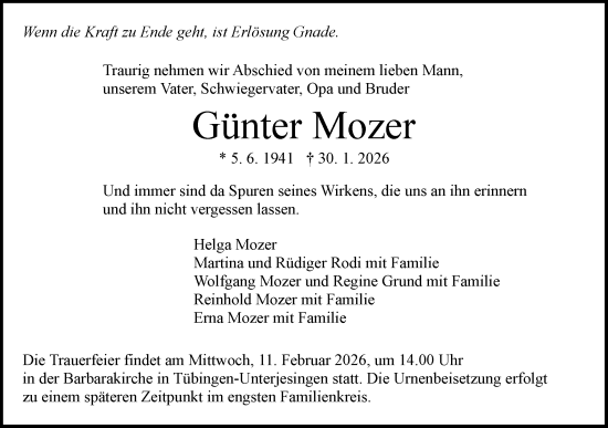 Traueranzeige von Günter Mozer von Schwäbische Tagblatt