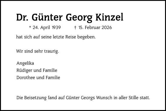Traueranzeige von Günter Georg Kinzel von Schwäbische Tagblatt