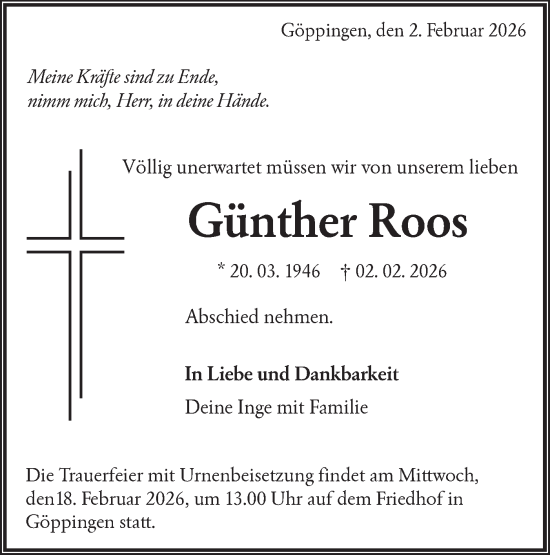 Traueranzeige von Günther Roos von NWZ Neue Württembergische Zeitung
