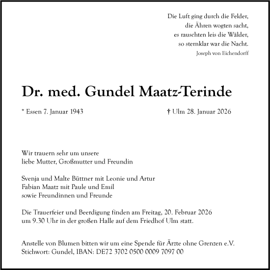 Traueranzeige von Gundel Maatz-Terinde von SÜDWEST PRESSE Ausgabe Ulm/Neu-Ulm/Ehingen