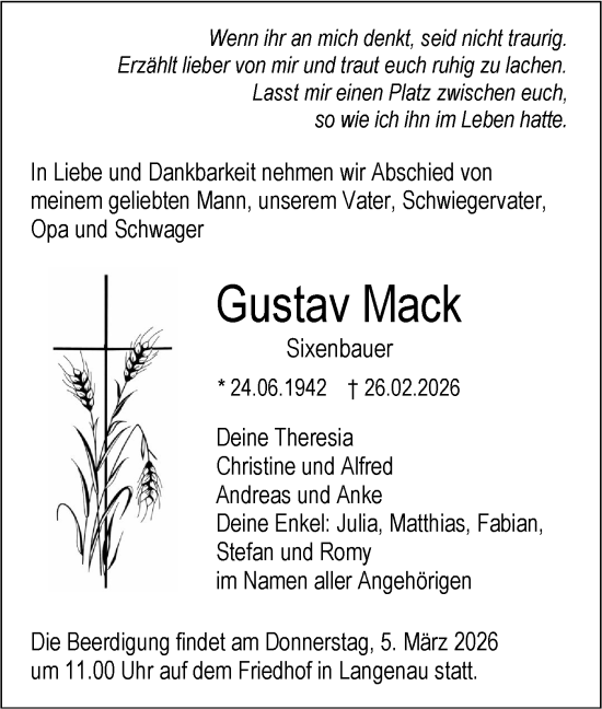 Traueranzeige von Gustav Mack von SÜDWEST PRESSE Ausgabe Ulm/Neu-Ulm/Ehingen
