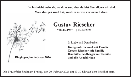Traueranzeige von Gustav Riescher von SÜDWEST PRESSE Zollernalbkreis
