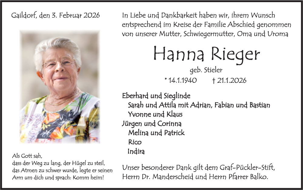  Traueranzeige für Hanna Rieger vom 07.02.2026 aus Rundschau Gaildorf