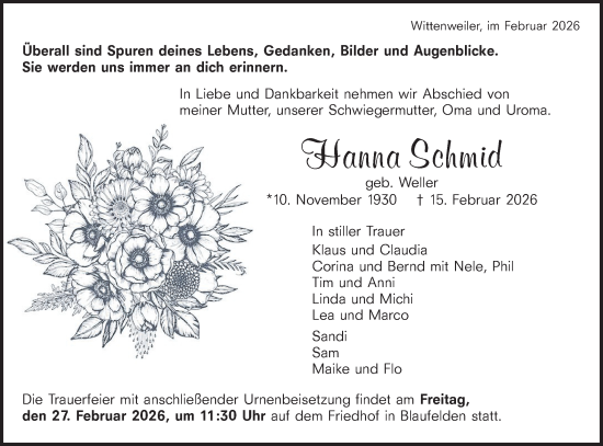 Traueranzeige von Hanna Schmid von Hohenloher Tagblatt