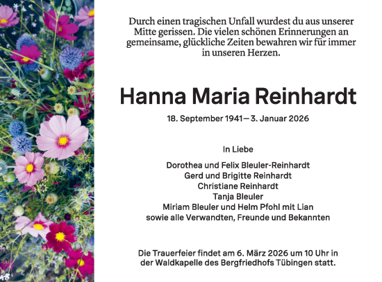Traueranzeige von Hanna Maria Reinhardt von Schwäbische Tagblatt