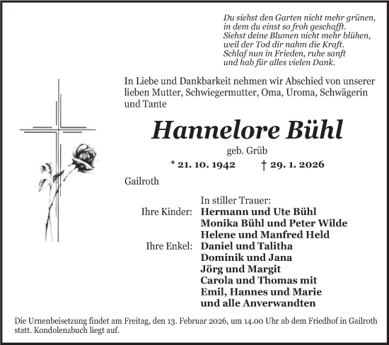 Traueranzeige von Hannelore Bühl von Hohenloher Tagblatt