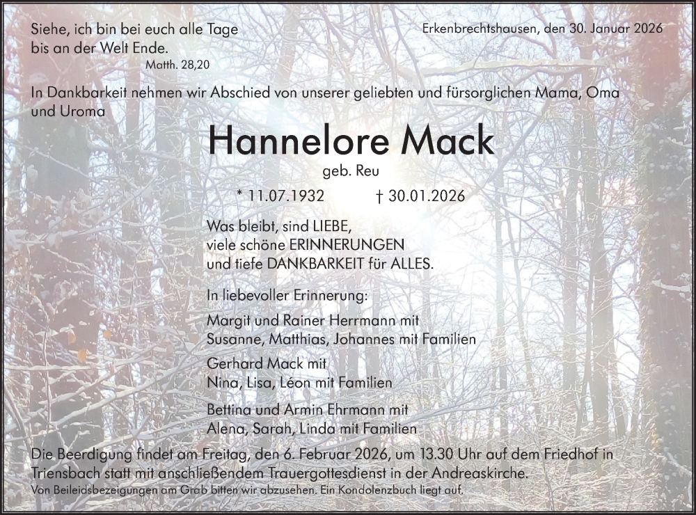  Traueranzeige für Hannelore Mack vom 04.02.2026 aus Hohenloher Tagblatt