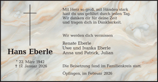Traueranzeige von Hans Eberle von SÜDWEST PRESSE Ausgabe Ulm/Neu-Ulm/Ehingen
