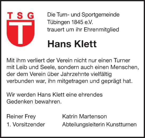 Traueranzeige von Hans Klett von Schwäbische Tagblatt