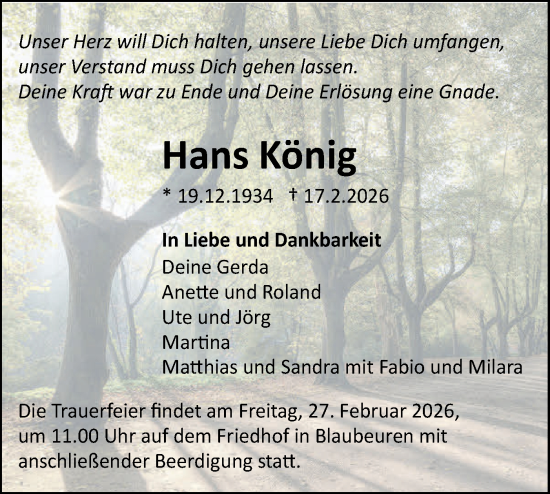 Traueranzeige von Hans König von SÜDWEST PRESSE Ausgabe Ulm/Neu-Ulm/Ehingen
