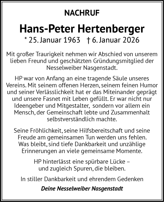 Traueranzeige von Hans-Peter Hertenberger von Ehinger Tagblatt/Ehinger Tagblatt