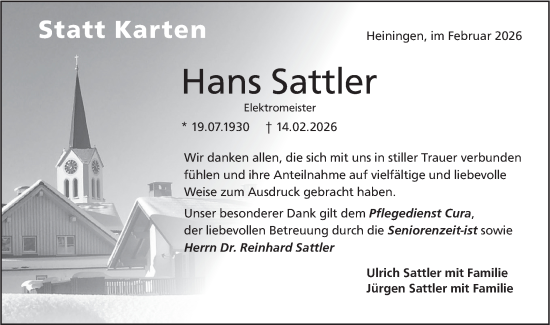 Traueranzeige von Hans Sattler von NWZ Neue Württembergische Zeitung