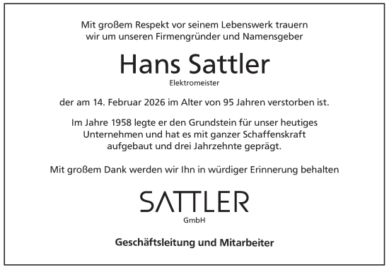 Traueranzeige von Hans Sattler von NWZ Neue Württembergische Zeitung