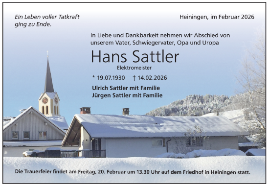 Traueranzeige von Hans Sattler von NWZ Neue Württembergische Zeitung