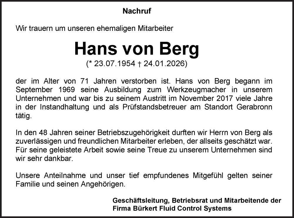  Traueranzeige für Hans von Berg vom 11.02.2026 aus Hohenloher Tagblatt