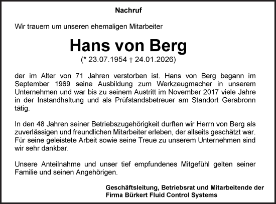 Traueranzeige von Hans von Berg von Hohenloher Tagblatt