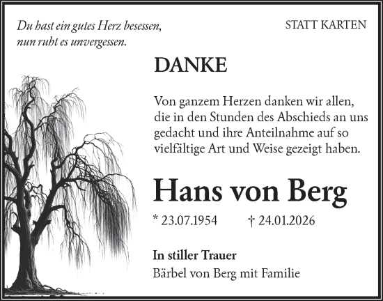 Traueranzeige von Hans von Berg von Hohenloher Tagblatt