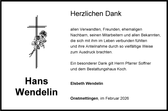 Traueranzeige von Hans Wendelin von SÜDWEST PRESSE Zollernalbkreis