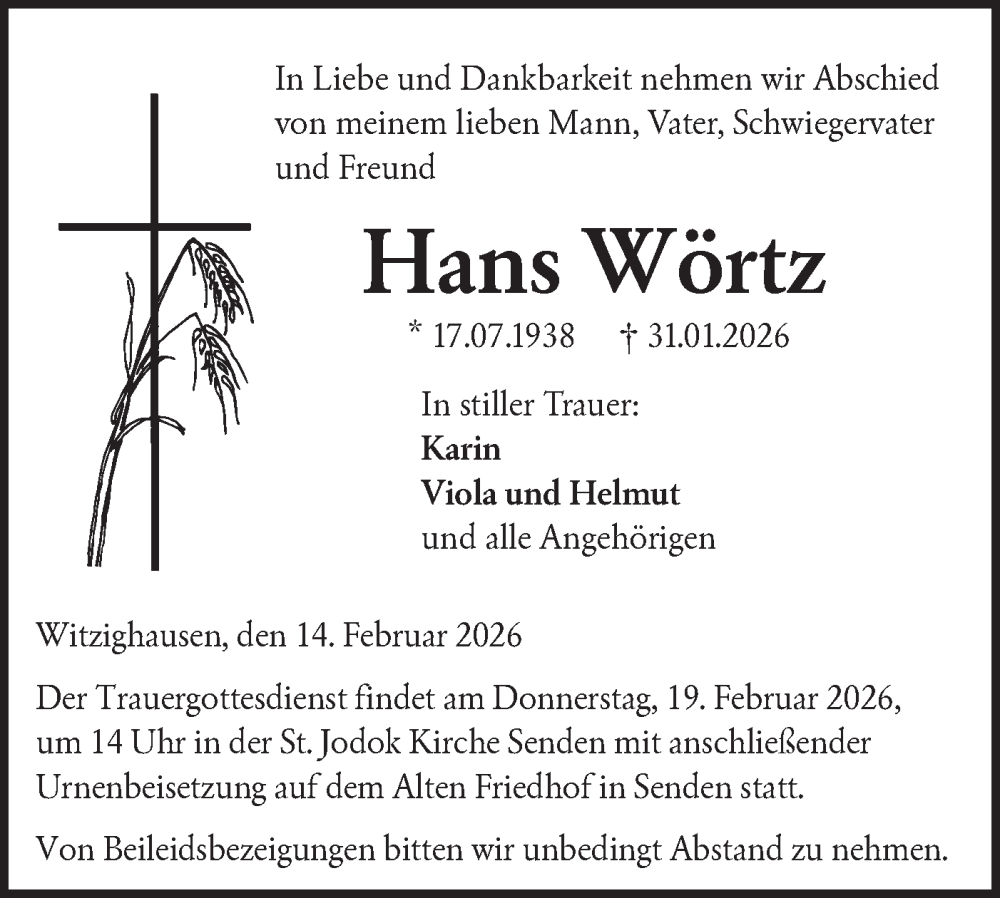  Traueranzeige für Hans Wörtz vom 14.02.2026 aus SÜDWEST PRESSE Ausgabe Ulm/Neu-Ulm/Ehingen