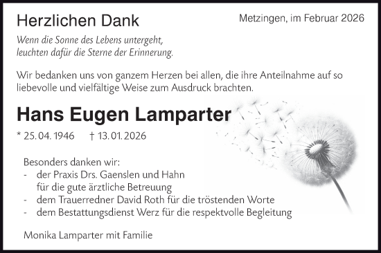 Traueranzeige von Hans Eugen Lamparter von Alb-Bote/Metzinger-Uracher Volksblatt