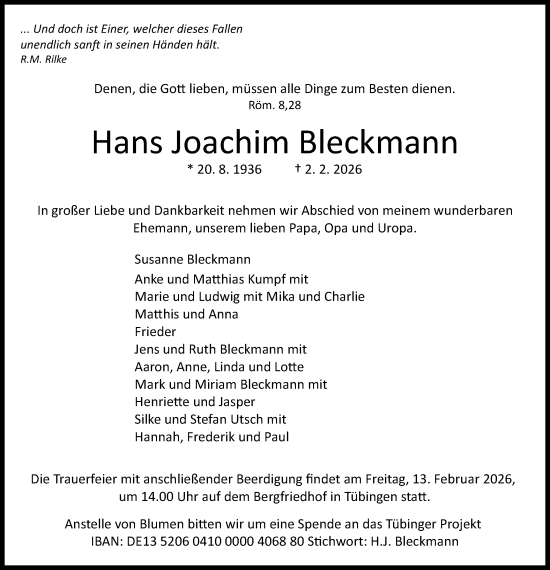 Traueranzeige von Hans Joachim Bleckmann von Schwäbische Tagblatt