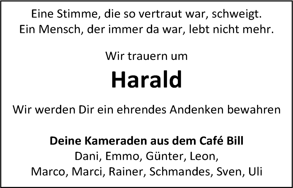  Traueranzeige für Harald  vom 07.02.2026 aus SÜDWEST PRESSE Zollernalbkreis