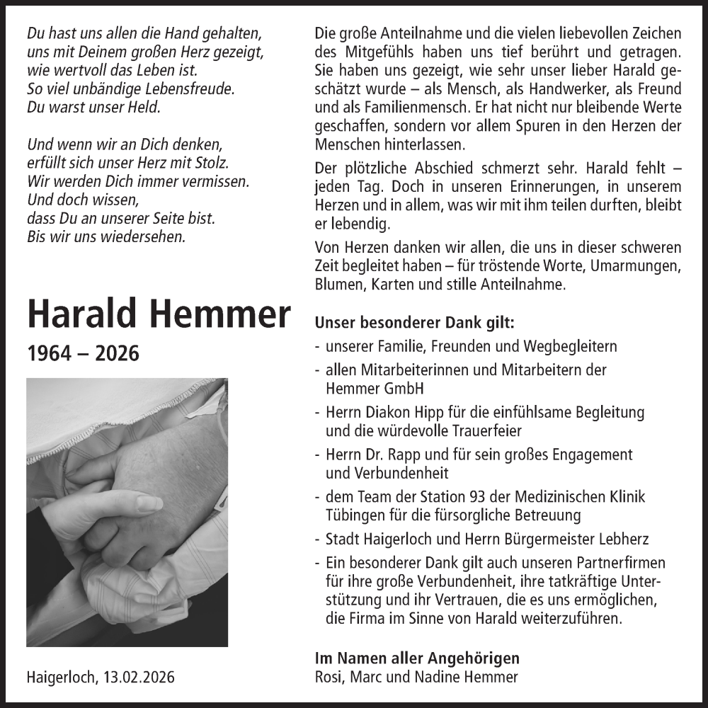 Traueranzeige für Harald Hemmer vom 13.02.2026 aus SÜDWEST PRESSE Zollernalbkreis