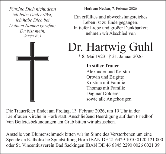 Traueranzeige von Hartwig Guhl von Neckar-Chronik