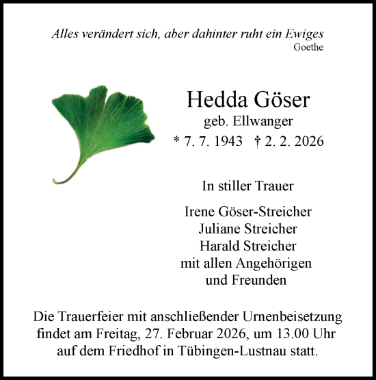 Traueranzeige von Hedda Göser von Schwäbische Tagblatt
