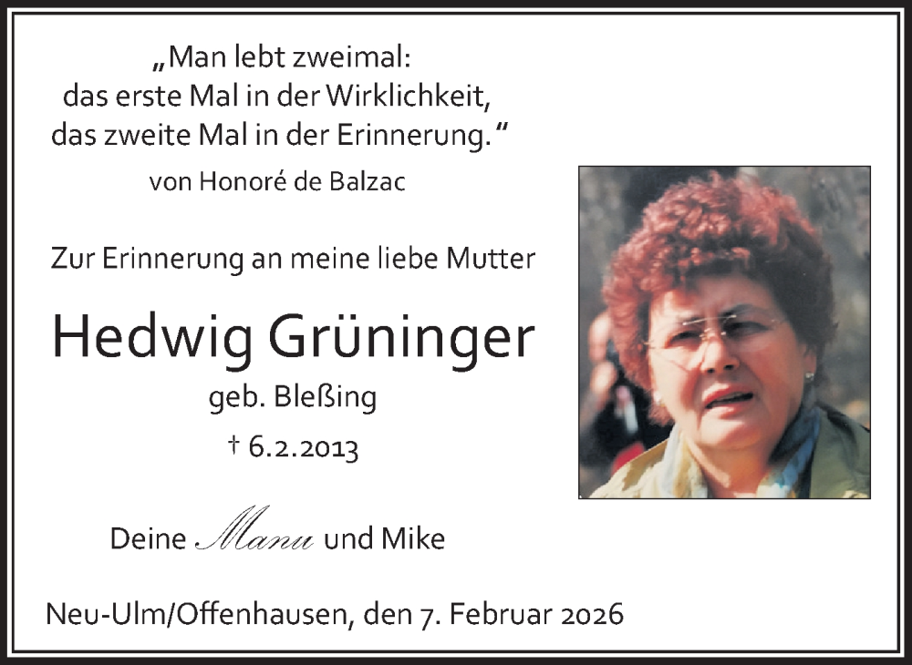  Traueranzeige für Hedwig Grüninger vom 07.02.2026 aus SÜDWEST PRESSE Ausgabe Ulm/Neu-Ulm/Ehingen/Neu-Ulmer Zeitung
