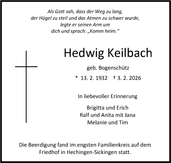 Traueranzeige von Hedwig Keilbach von SÜDWEST PRESSE Zollernalbkreis