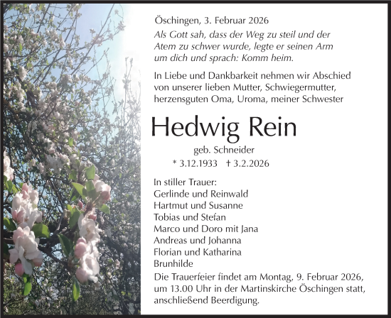 Traueranzeige von Hedwig Rein von Schwäbische Tagblatt