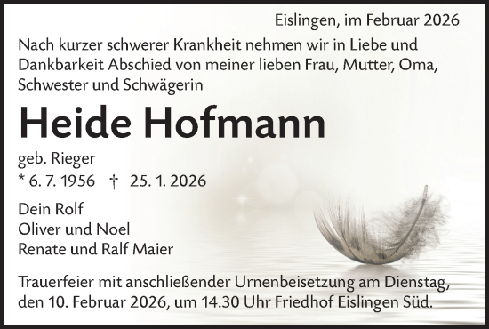 Traueranzeige von Heide Hofmann von NWZ Neue Württembergische Zeitung