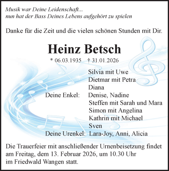 Traueranzeige von Heinz Betsch von NWZ Neue Württembergische Zeitung
