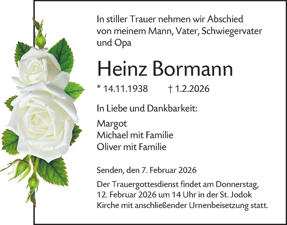  Traueranzeige für Heinz Bormann vom 07.02.2026 aus SÜDWEST PRESSE Ausgabe Ulm/Neu-Ulm/Ehingen