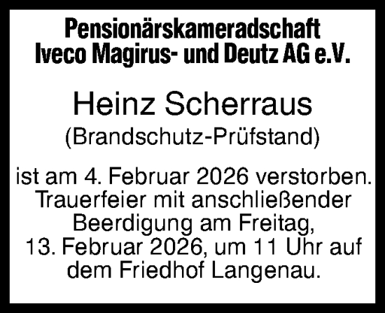 Traueranzeige von Heinz Scherraus von SÜDWEST PRESSE Ausgabe Ulm/Neu-Ulm/Ehingen