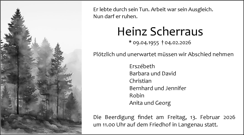  Traueranzeige für Heinz Scherraus vom 07.02.2026 aus SÜDWEST PRESSE Ausgabe Ulm/Neu-Ulm/Ehingen