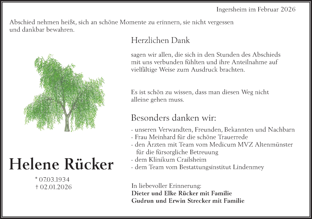  Traueranzeige für Helene Rücker vom 14.02.2026 aus Hohenloher Tagblatt