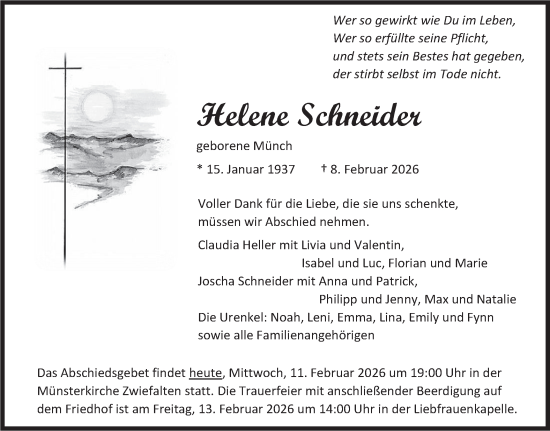 Traueranzeige von Helene Schneider von Alb-Bote/Metzinger-Uracher Volksblatt