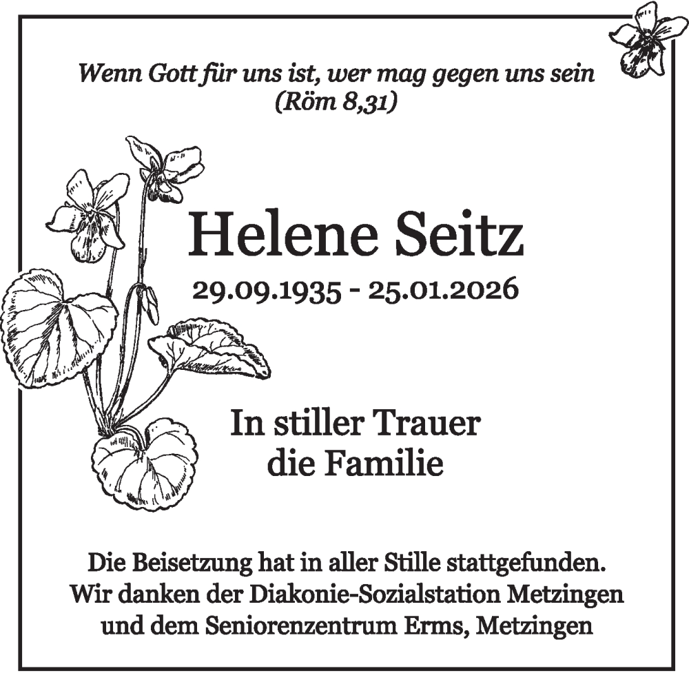  Traueranzeige für Helene Seitz vom 05.02.2026 aus Alb-Bote/Metzinger-Uracher Volksblatt